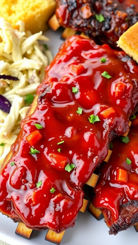 Delicious Barbecue Ribs Recipe A delicious serving of barbecue ribs with coleslaw and cornbread on a plate.